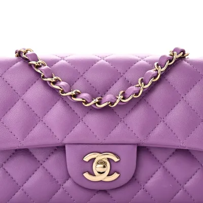 Chanel Flap Mini Rectangular Purple Quilted Lambskin Leather Light Gold Hardware