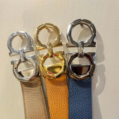 Ferragamo Men's Double Gancini Buckle Reversible Belt In Orange/Black/Brown/Blue Grained Calfskin With Gold/Silver Hardware 35mm