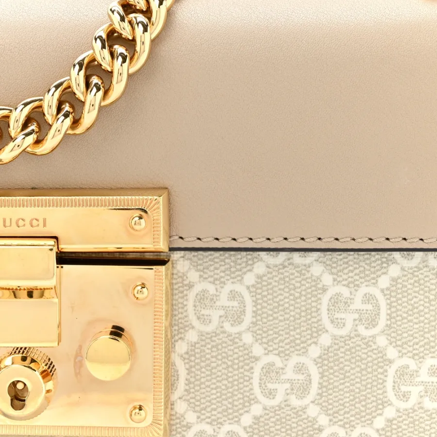 Gucci Small Padlock Chain Shoulder Bag Beige / Mystic White / Oatmeal GG Supreme Monogram Canvas & Textured Dollar Calfskin Leather Gold Hardware
