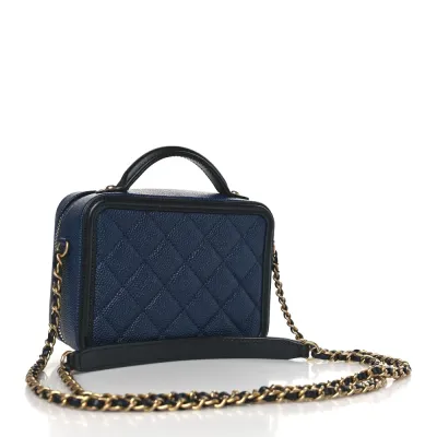 Chanel CC Filigree Vanity Case Small Navy/Black Quilted Caviar Leather Gold Hardware