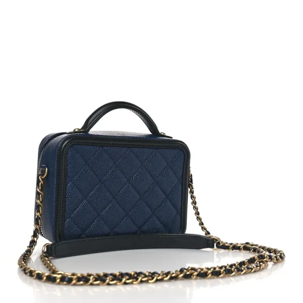 Chanel CC Filigree Vanity Case Small Navy/Black Quilted Caviar Leather Gold Hardware - Image 3