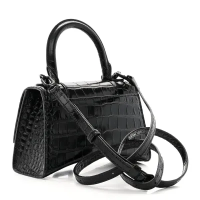 Balenciaga XS Hourglass Top Handle Bag Black Monochrome Crocodile Embossed Shiny Calfskin Leather Black Hardware