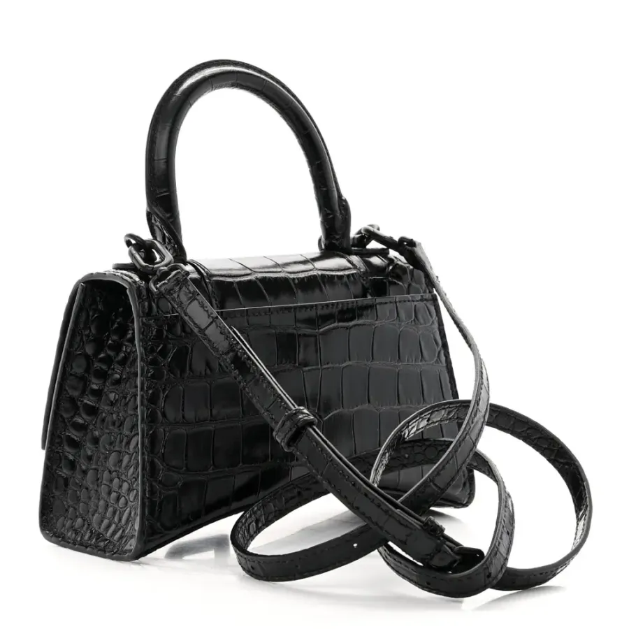 Balenciaga XS Hourglass Top Handle Bag Black Monochrome Crocodile Embossed Shiny Calfskin Leather Black Hardware