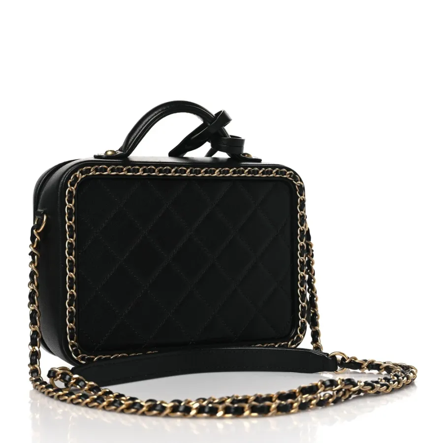 Chanel CC Filigree Vanity Case Small Black Quilted Goatskin Leather Gold Hardware
