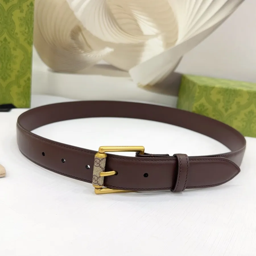 Gucci Women's Emblem Belt With Monogram Buckle In Brown/White/Black Smooth Calfskin With Gold Hardware 30mm