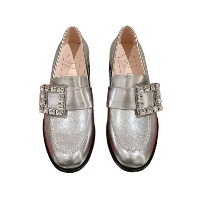 Roger Vivier Viv' Rangers Loafers In Silver Leather With Crystal Buckle (Heel Height 5.5cm)