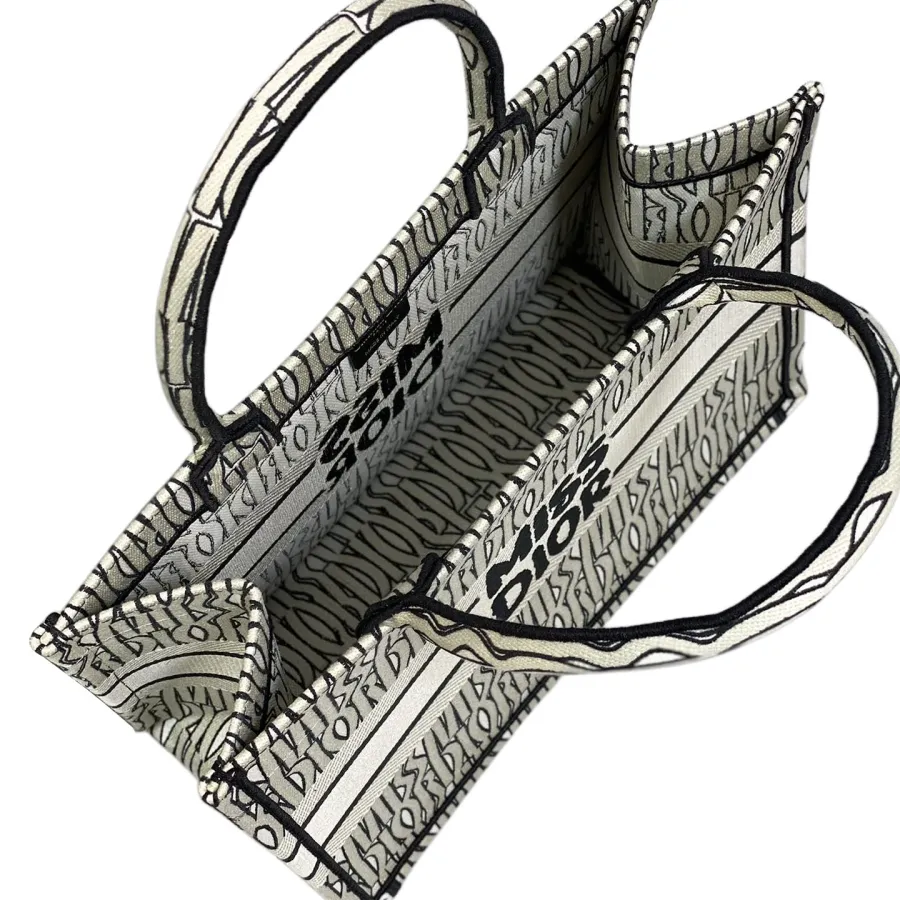 Dior Medium Dior Book Tote In White And Beige/Pink/Blue Miss Dior Allover Embroidered Canvas