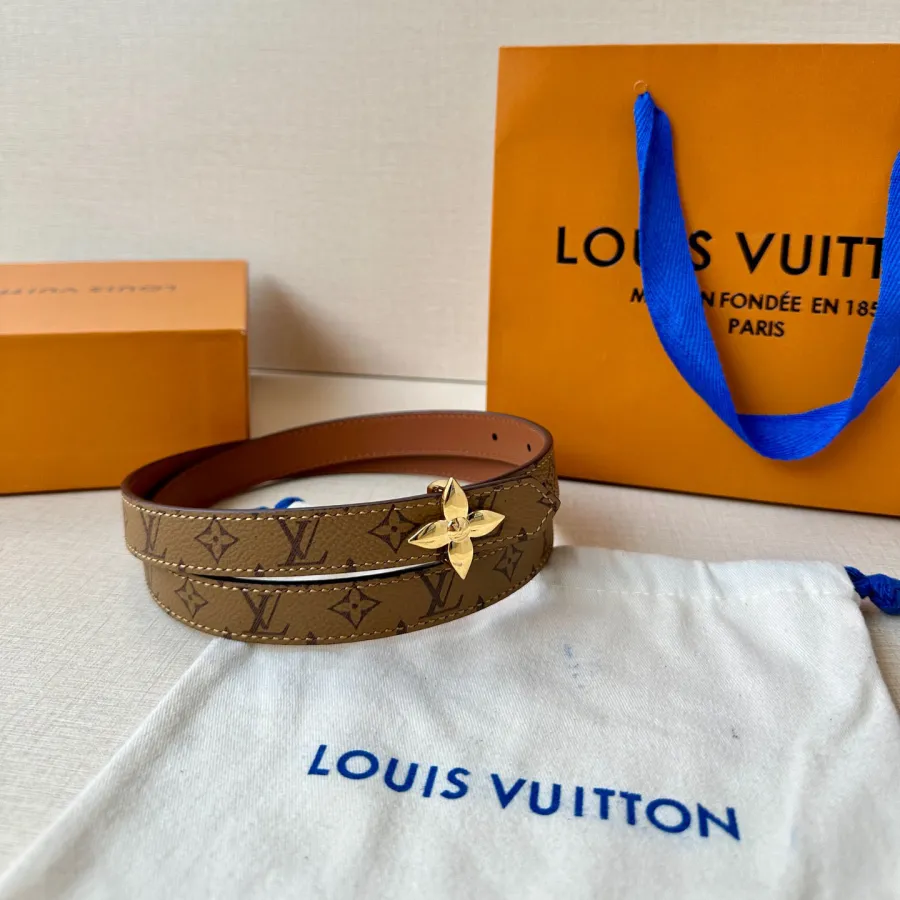Louis Vuitton Women's Mini Flowergram Reversible Belt In Brown/Black/Pink/White Calfskin And Monogram Canvas With Gold/Silver Hardware 20mm