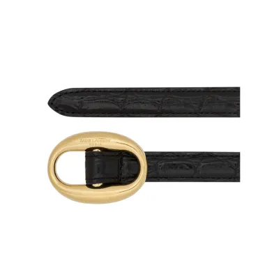 Saint Laurent Oval Buckle Thin Belt In Black Calfskin With Gold/Silver Hardware 15mm