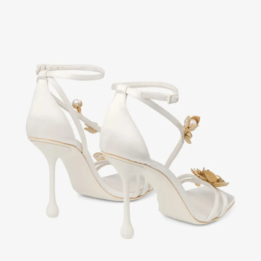 JIMMY CHOO Metallic floral embellished ivory white satin heel sandals