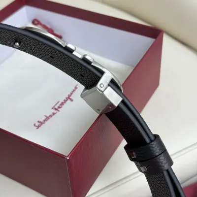 Ferragamo Men's Double Gancini Buckle Belt In Black Grained Calfskin With Gold/Silver/Black Hardware 35mm