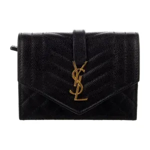 Saint Laurent Small Triquilt Cassandre Envelope Compact Wallet Black Matelassé Calfskin Leather Gold Hardware