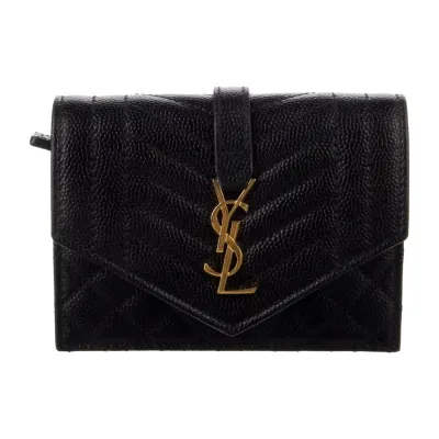 Saint Laurent Small Triquilt Cassandre Envelope Compact Wallet Black Matelassé Calfskin Leather Gold Hardware