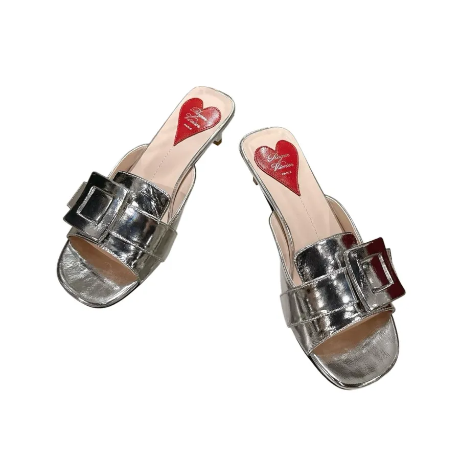 Roger Vivier Viv' Canard Mules Sandals In Gold/Silver Leather With Lacquered Metal Buckle (Heel Height 5.5cm)