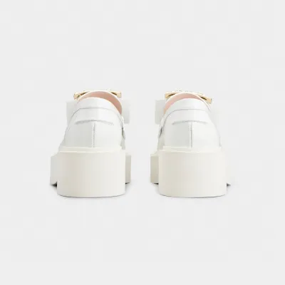 Roger Vivier Viv' Rangers Loafers In White Patent Leather With Crystal Buckle (Heel Height 5.5cm)