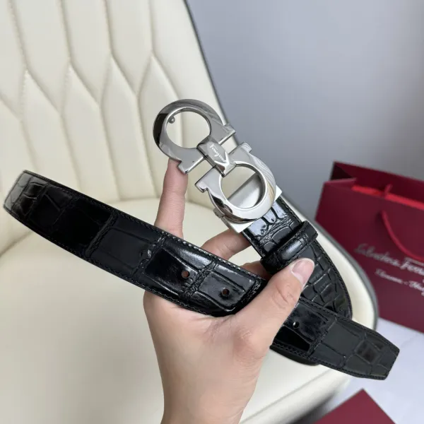 Ferragamo Men's Double Gancini Buckle Reversible Belt In Black Crocodile-Embossed Calfskin With Gold/Silver/Black Hardware 35mm - Image 6