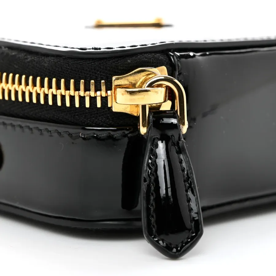 Prada Mini Metal Triangle Logo Pouch with Handle Black Vernice Leather Gold Hardware