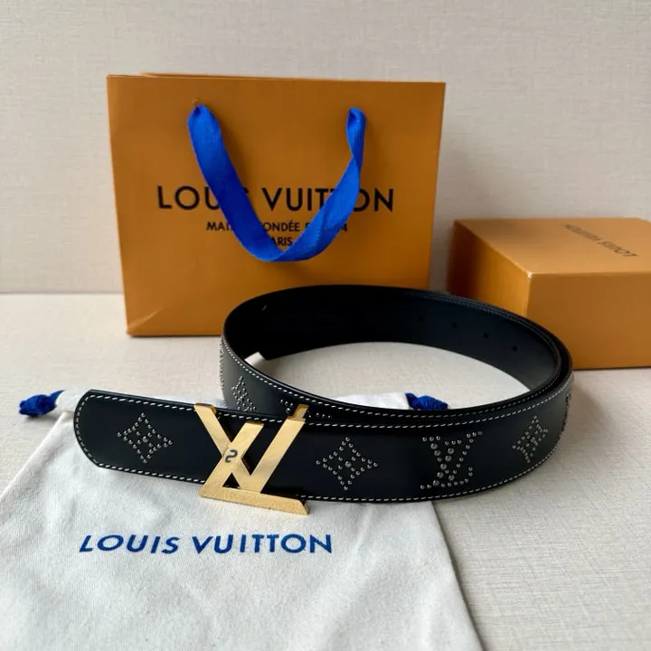 Louis Vuitton Men's Dimension Reversible Belt In Black Calfskin With Gold/Silver/Gun Black Hardware And Rhinestones 40mm