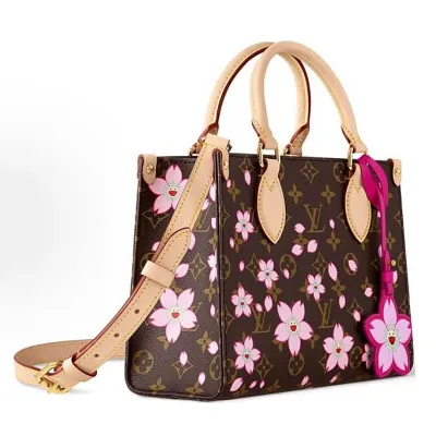 LOUIS VUITTON x Takumi Murakami Onthego CHERRY BLOSSOM gold metal accessories shoulder handbag for women brown