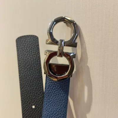 Ferragamo Men's Double Gancini Buckle Reversible Belt In Orange/Black/Brown/Blue Grained Calfskin With Gold/Silver Hardware 35mm