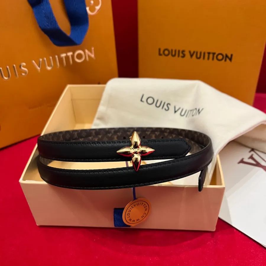 Louis Vuitton Women's Mini Flowergram Reversible Belt In Black Calfskin And Monogram Canvas With Gold/Silver/Pink/Black Hardware 15mm