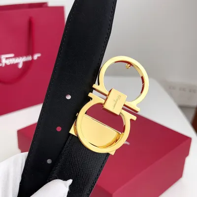 Ferragamo Men's Thin Double Gancini Buckle Reversible Belt In Black Saffiano Calfskin With Gold/Silver Hardware 35mm