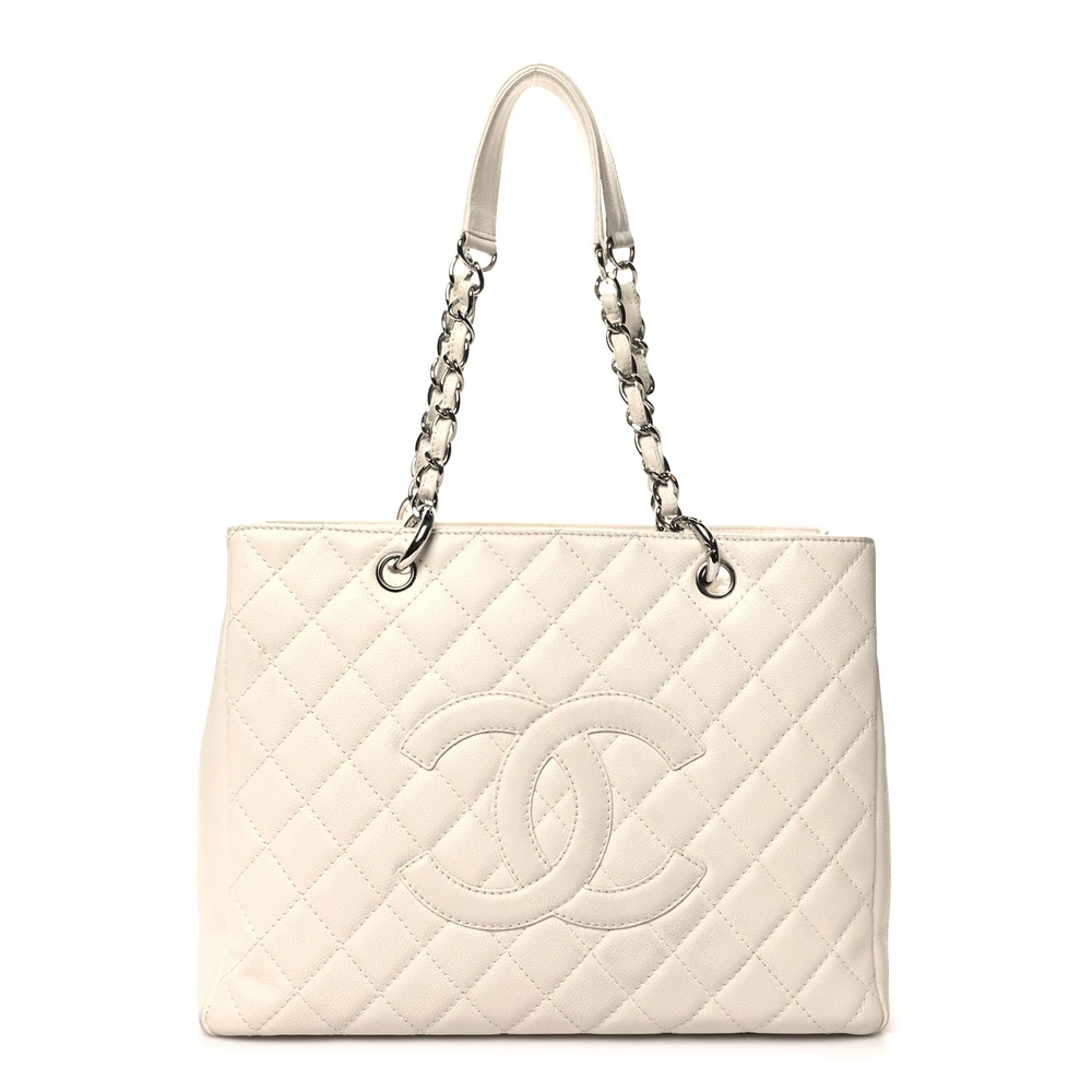 Chanel Grand Shopping Tote (GST) Grande Branco Couro Caviar Acolchoado Hardware Prateado