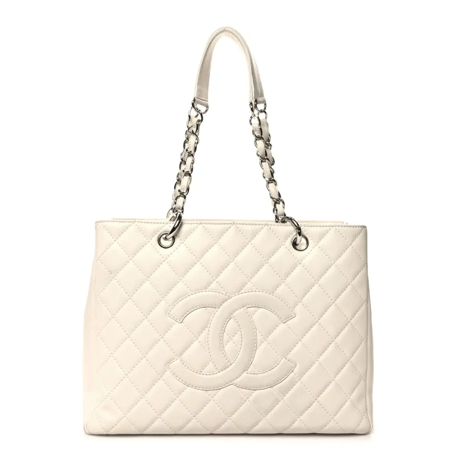 Chanel Grand Shopping Tote (GST) Large White Quilted Caviar Leather Silver Hardware