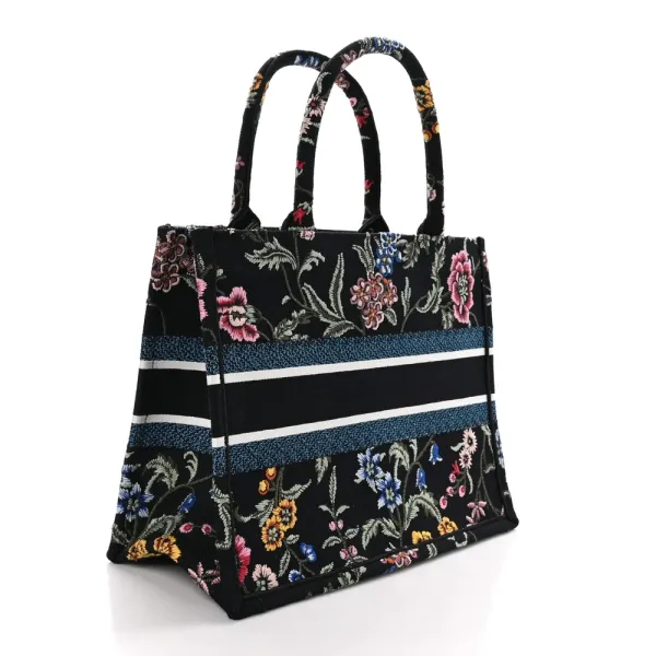 Dior Medium Book Tote Navy Blue Multicolor Petites Fleurs Raffia Embroidered Canvas - Image 3