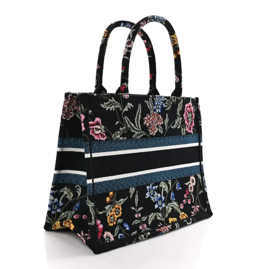 Dior Medium Book Tote Navy Blue Multicolor Petites Fleurs Raffia Embroidered Canvas