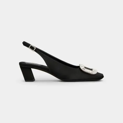 Roger Vivier Belle Viver Slingback Pumps High Heels In Black Satin With Crystal Buckle (Heel Height 4.5cm)