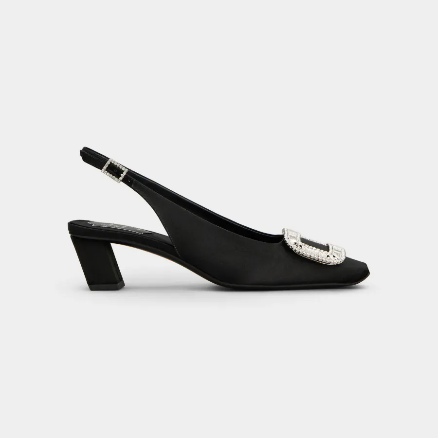 Roger Vivier Belle Viver Slingback Pumps High Heels In Black Satin With Crystal Buckle (Heel Height 4.5cm)