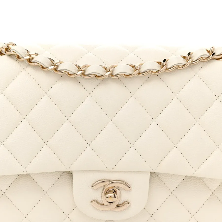 Chanel Double Flap Medium White Quilted Caviar Leather