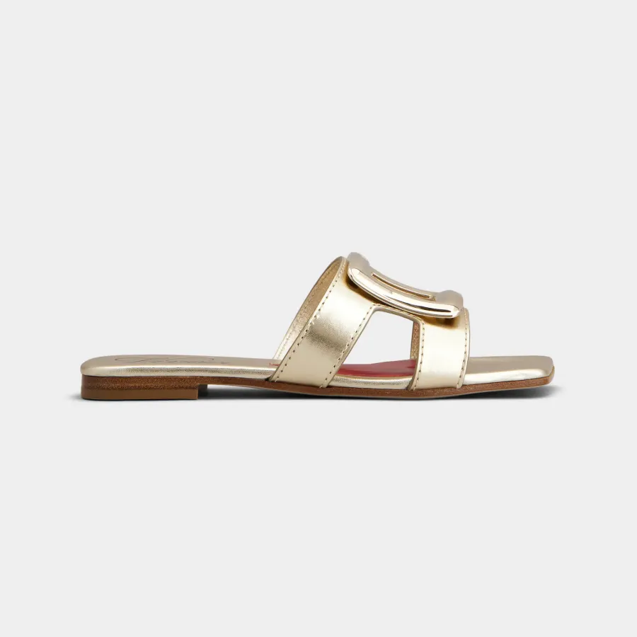 Roger Vivier Viv' By The Sea Mules Flats In Gold Leather With Metal Buckle