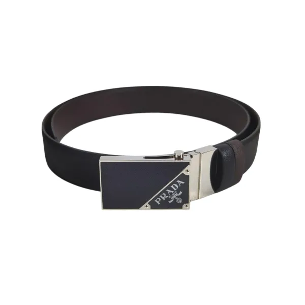 Prada Men' s Square Buckle Belt In Black/Brown/Blue/White Saffiano Calfskin With Silver Hardware 35mm - Image 3