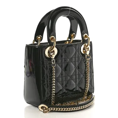 Dior Mini Lady Dior Black Patent Cannage Calfskin Leather Gold Hardware