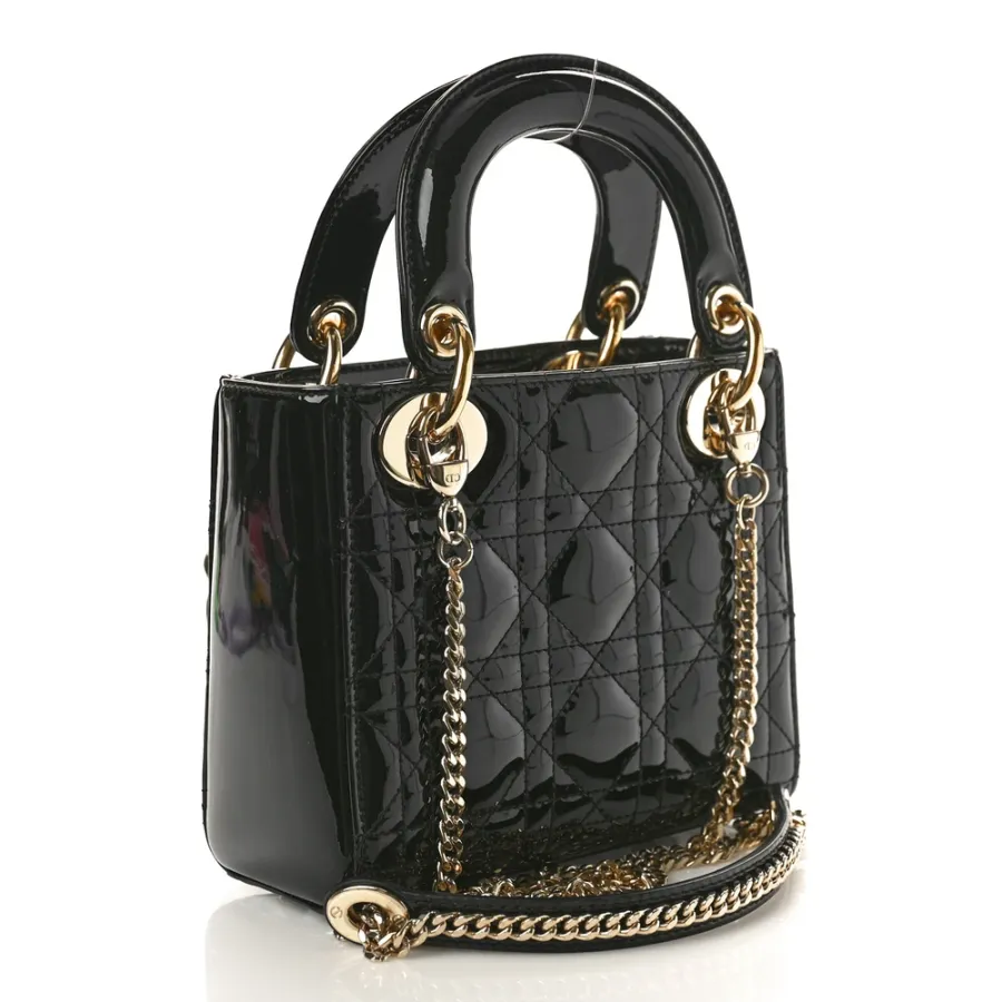 Dior Mini Lady Dior Black Patent Cannage Calfskin Leather Gold Hardware