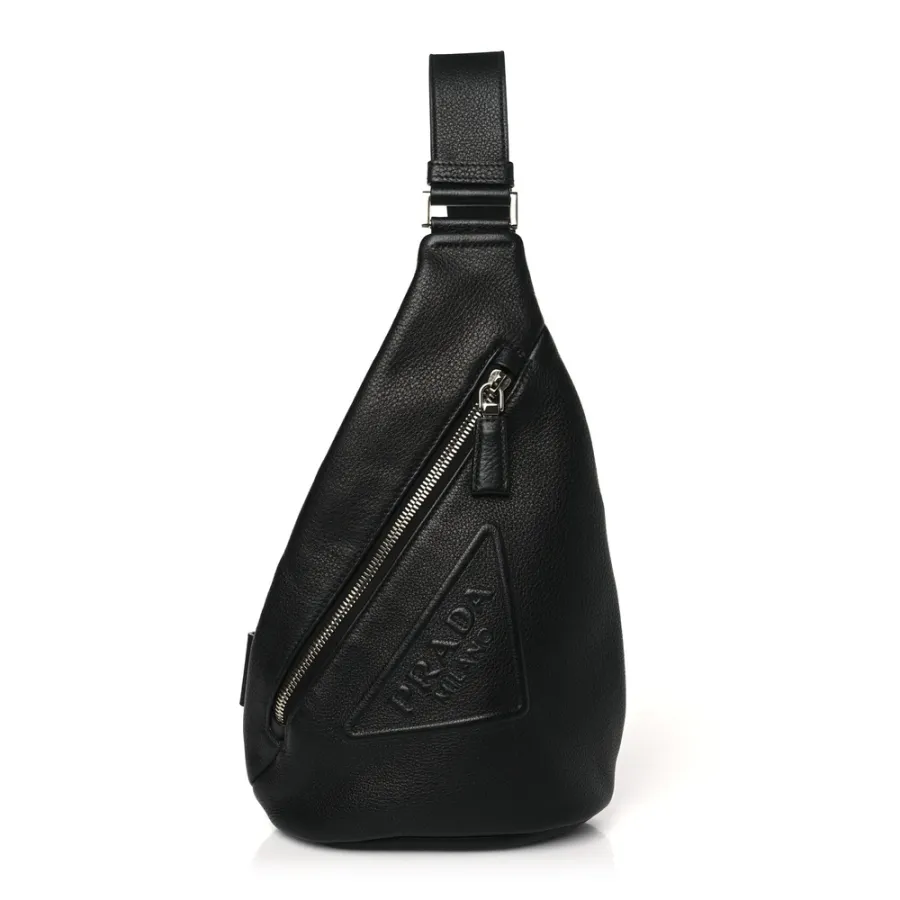 Prada Medium Logo Embossed Cross Sling Backpack Black Vitello Daino Leather Silver Hardware
