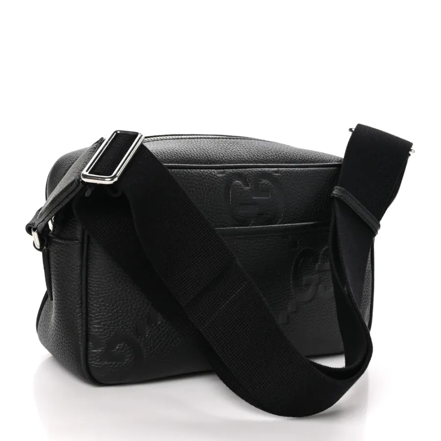Gucci Medium Jumbo GG Messenger Bag Black Embossed Piuma Calfskin Leather Silver Hardware