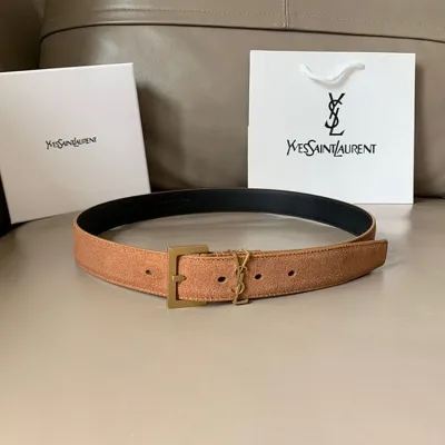 Saint Laurent Cassandre Belt In Brown Suede Leather With Gold Hardware 30mm