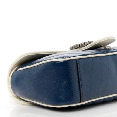 Gucci Small Torchon GG Marmont Shoulder Bag Blue Agata / Mystic White Vintage Effect Calfskin Leather Matelassé Diagonal Aged Silver Hardware