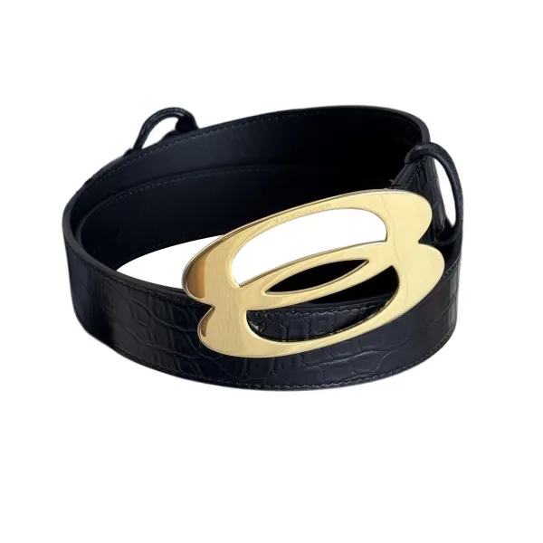 Balenciaga Men's Unity Belt In Black Embossed Crocodile Calfskin With Gold/Silver Hardware 35mm