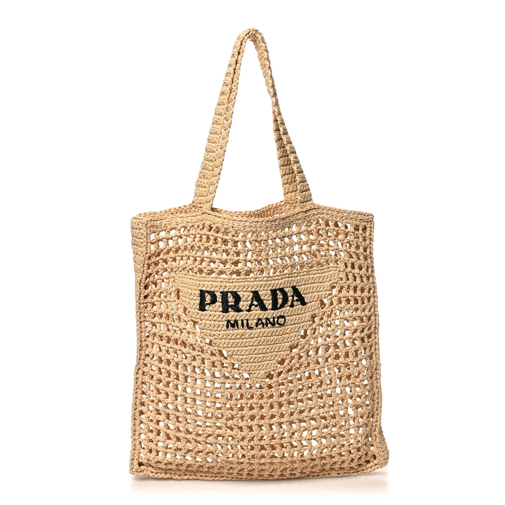 Prada Medium Effect Crochê Logo Bordado Tote Naturale Yarn Raffia