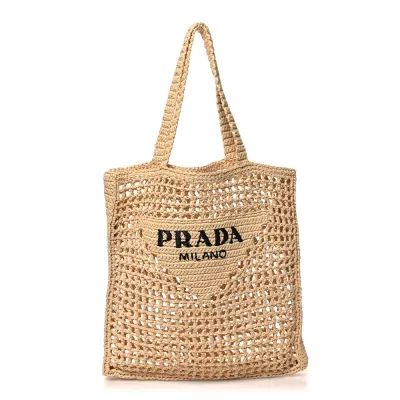 Prada Medium Effect Crochet Logo Embroidered Tote Naturale Yarn Raffia