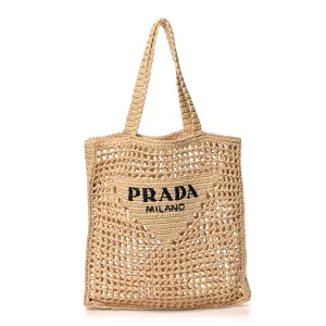 Prada Medium Effect Crochet Logo Embroidered Tote Naturale Yarn Raffia