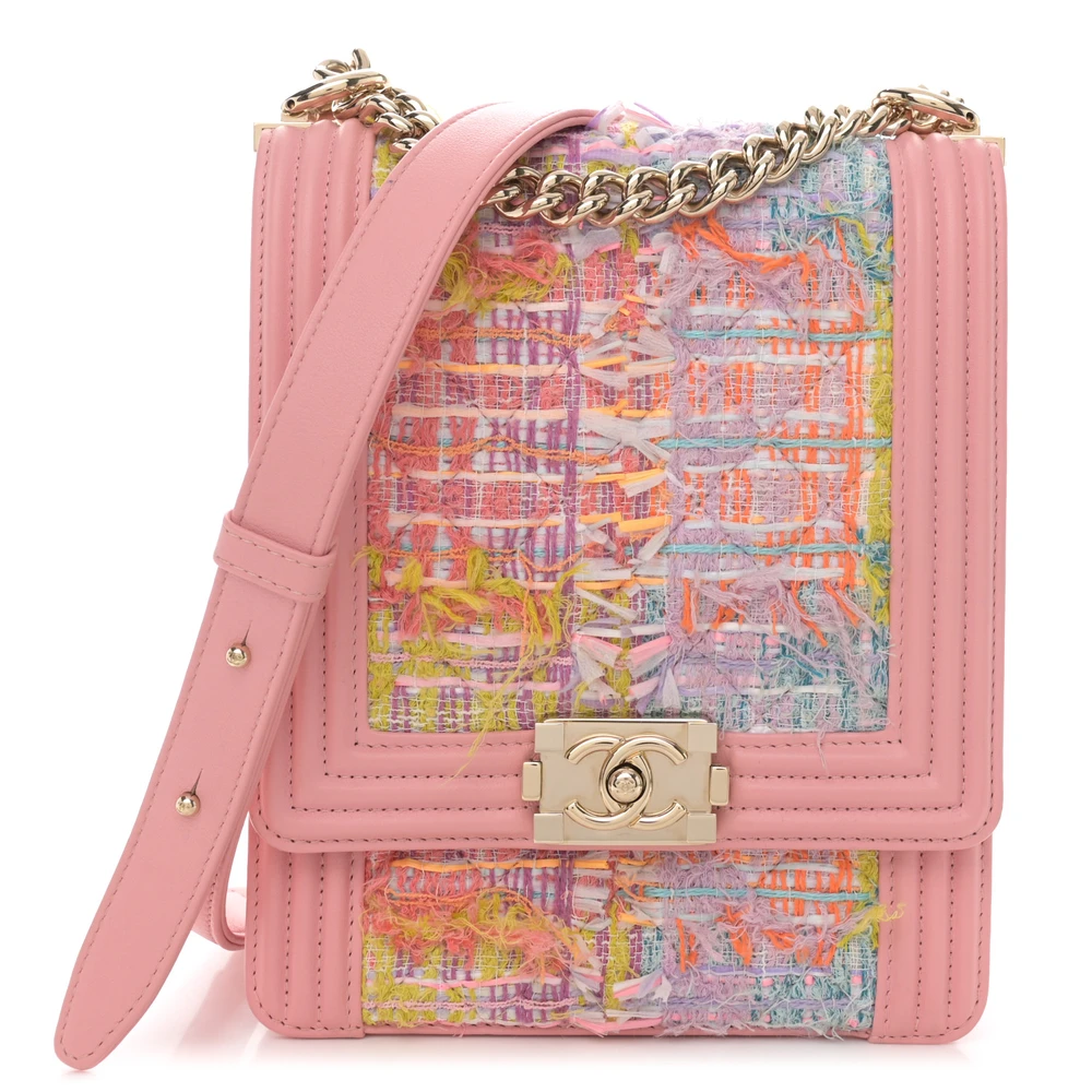 Chanel North-South Boy Flap Médio Rosa Tweed e Couro Bezerro Acolchoado Hardware Ouro Claro
