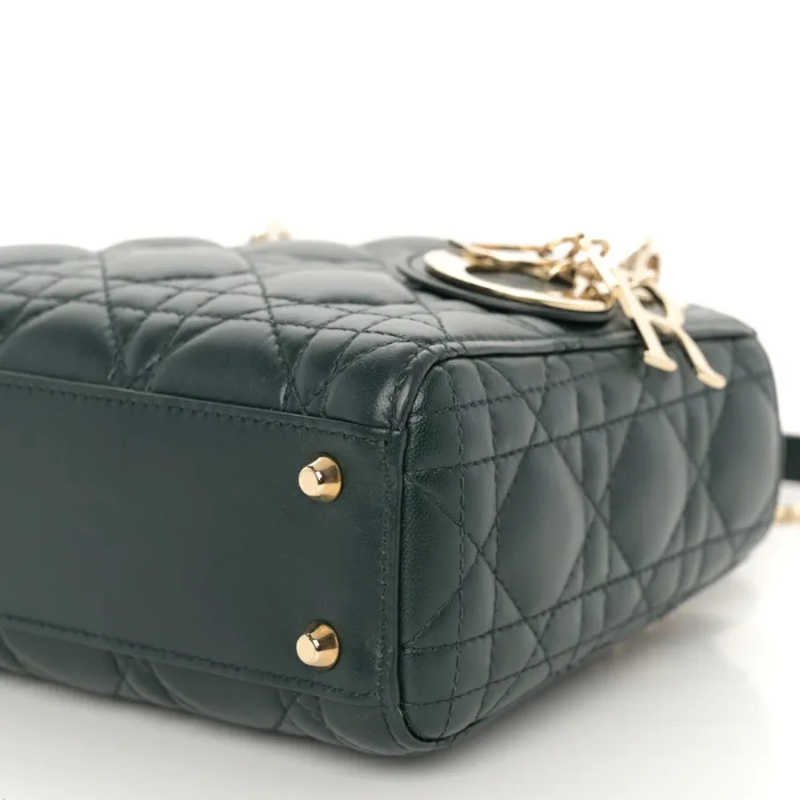 Dior Mini Lady Dior Dark Green Cannage Lambskin Leather Light Gold Hardware
