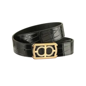 Ferragamo Men's Square Buckle With Crystal Belt In Black Crocodile-Embossed Calfskin With Gold/Silver Hardware 38mm