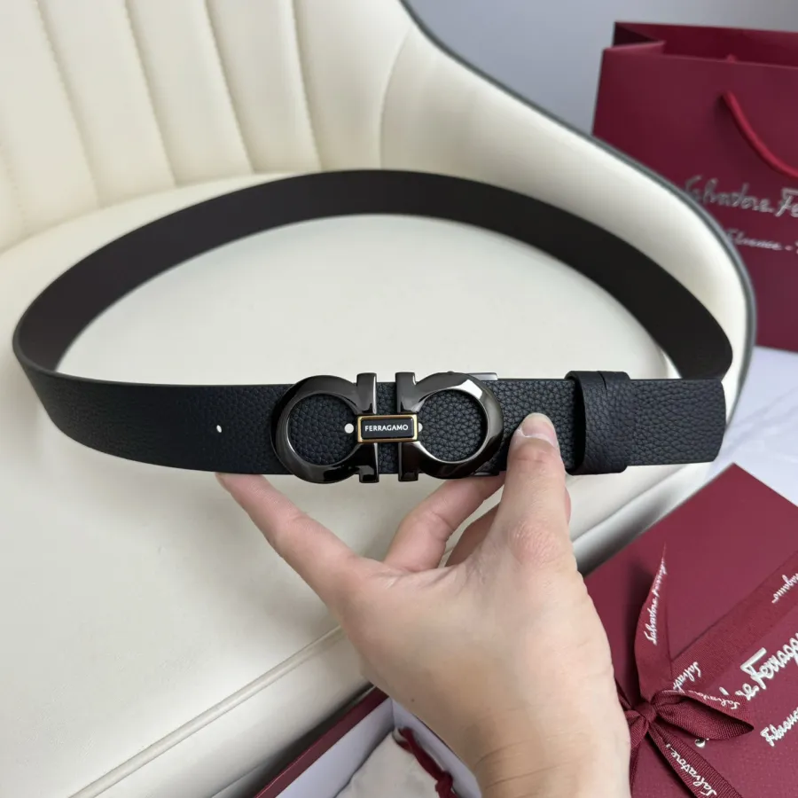 Ferragamo Men's Double Gancini Buckle Belt In Black Grained Calfskin With Gold/Silver/Black Hardware 35mm