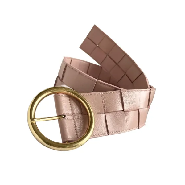 Bottega Veneta Women's Round Buckle Maxi Intrecciato Adjustable Belt In Pink/Blue/White/Coffee/Black Calfskin With Gold Hardware 60mm - Image 2